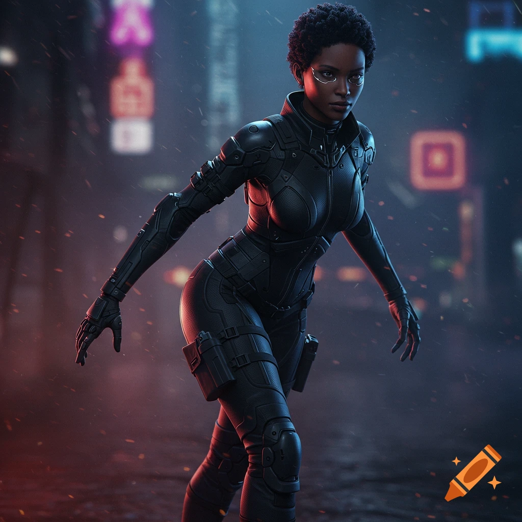 Female figure in black tactical suit in a cyberpunk city