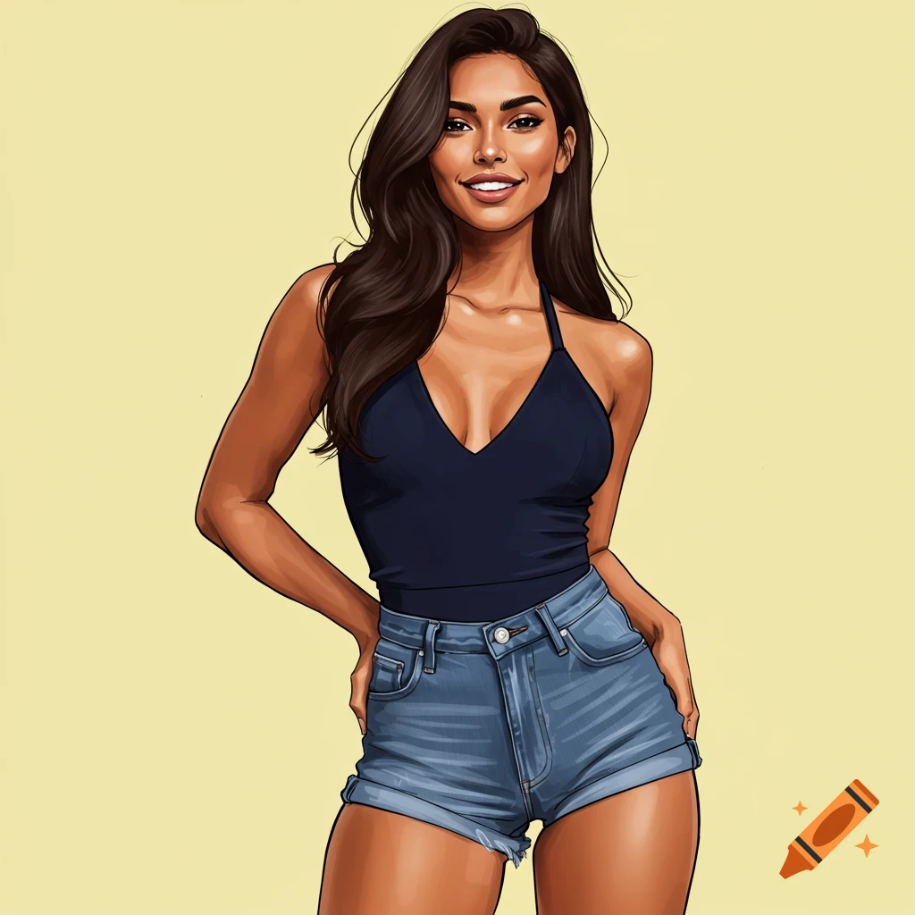 A woman wearing a navy blue halter top and denim shorts.