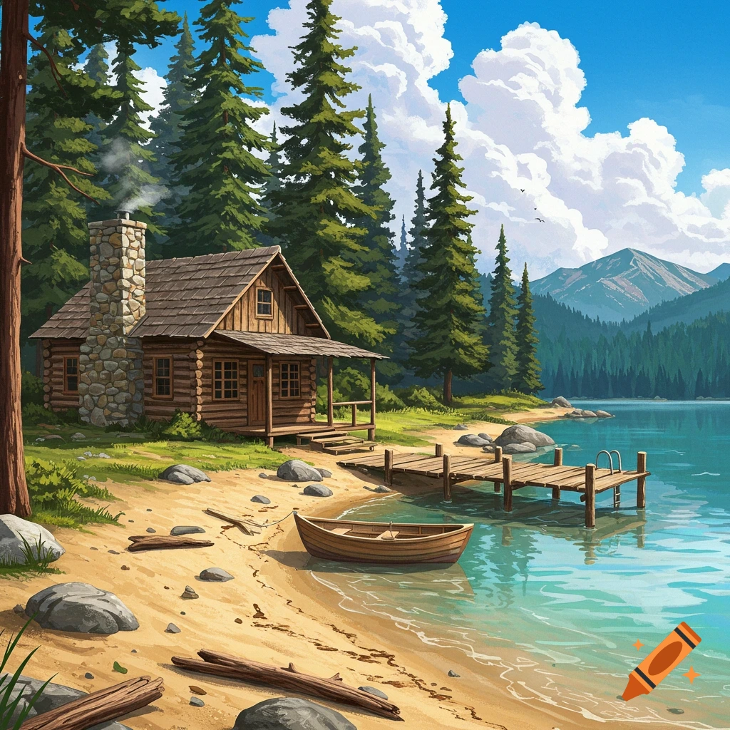 Lakeside cabin with a dock, beach, pine trees, and mountains.