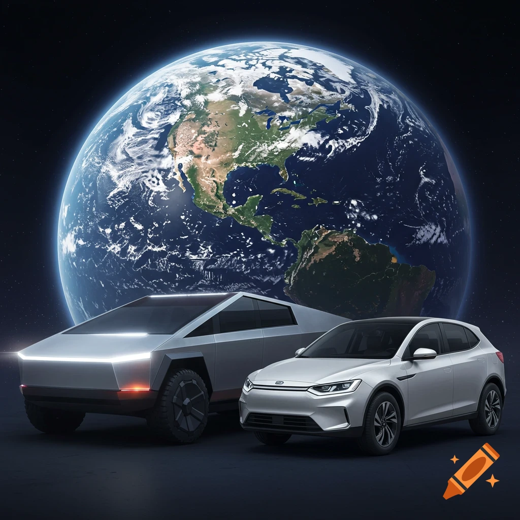 Cybertruck and a white car in front of the Earth in space.