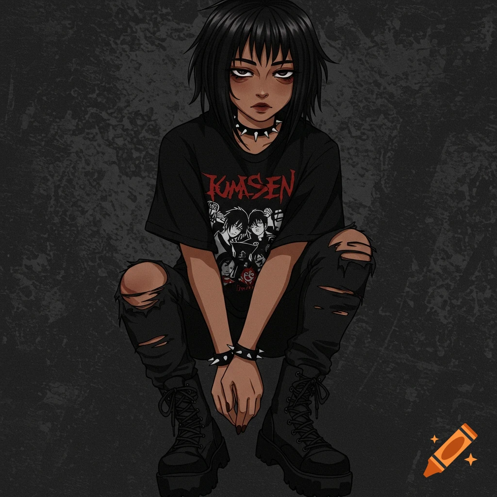 An anime-style illustration of a tan emo girl squatting, wearing a black band t-shirt, ripped jeans, and boots.