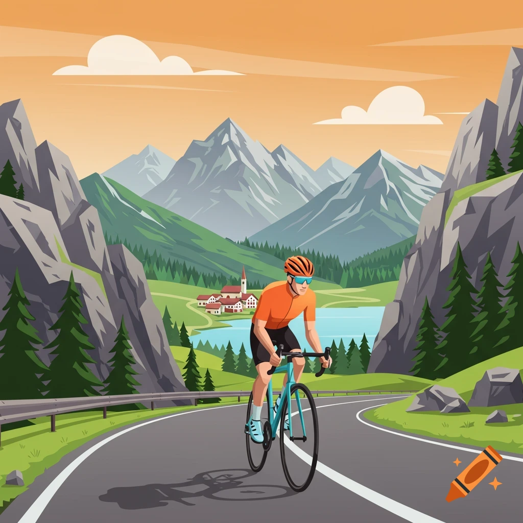 Vector illustration of a cyclist riding on a mountain road with a village and lake in the background.
