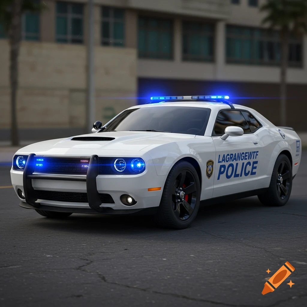 A white Dodge Challenger police car with blue lights on a street.