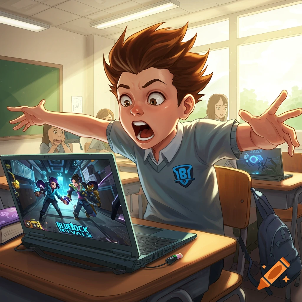 A boy in a school uniform screams while playing a video game on a laptop in a classroom, comic art style.
