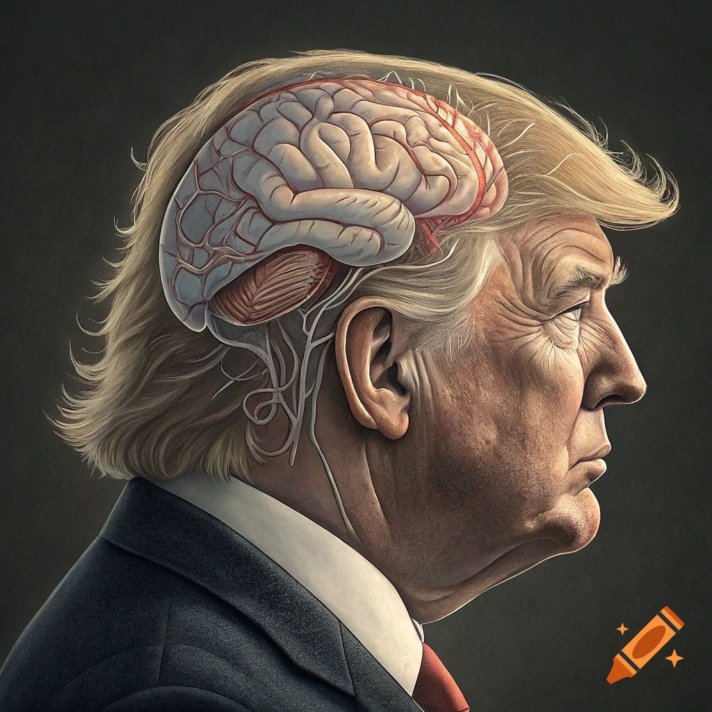 Profile view of Donald Trump with the top of his head removed, exposing his brain and cranial nerves.