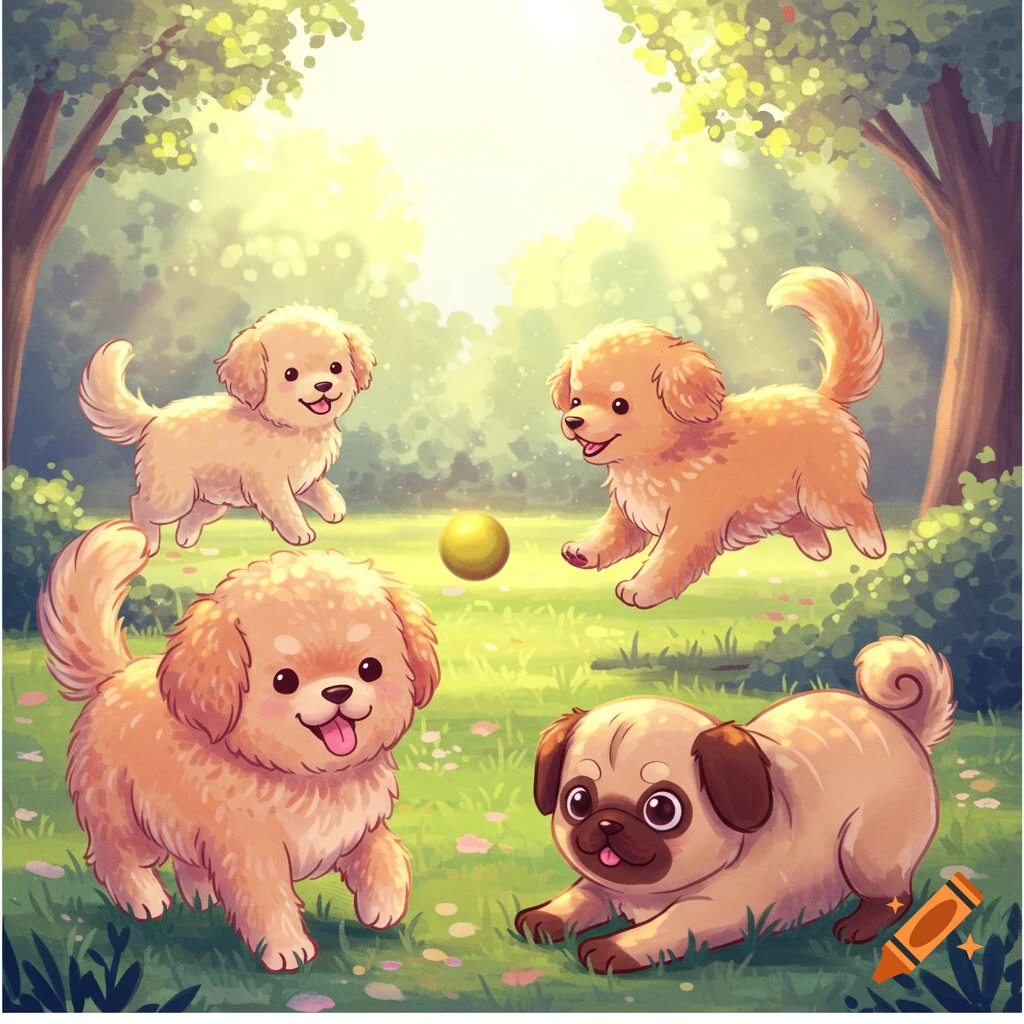 Four cute puppies play with a ball in a sunny park.