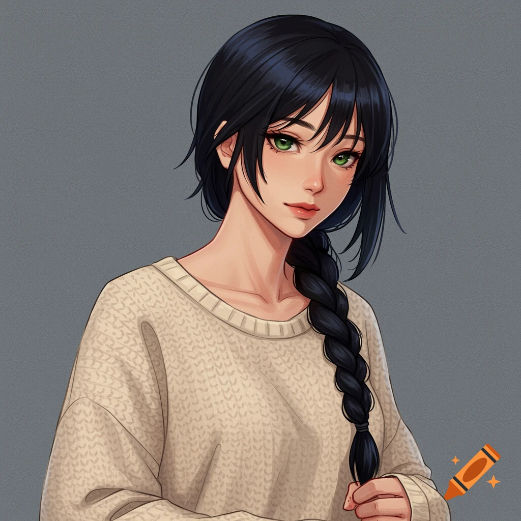 A young woman with a black braid and green eyes wearing a cream sweater.