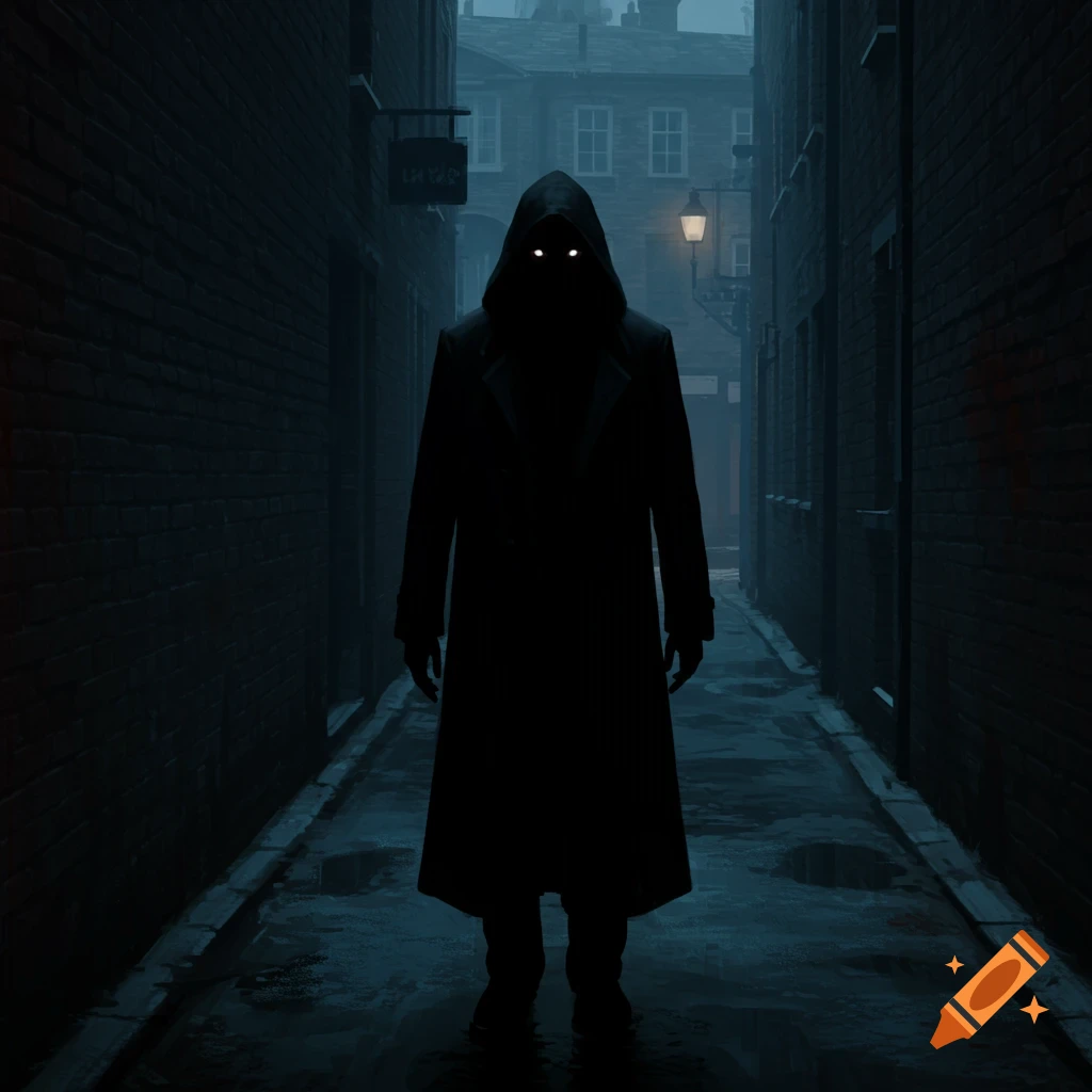 A silhouetted figure with glowing eyes stands in a dark, narrow alleyway.