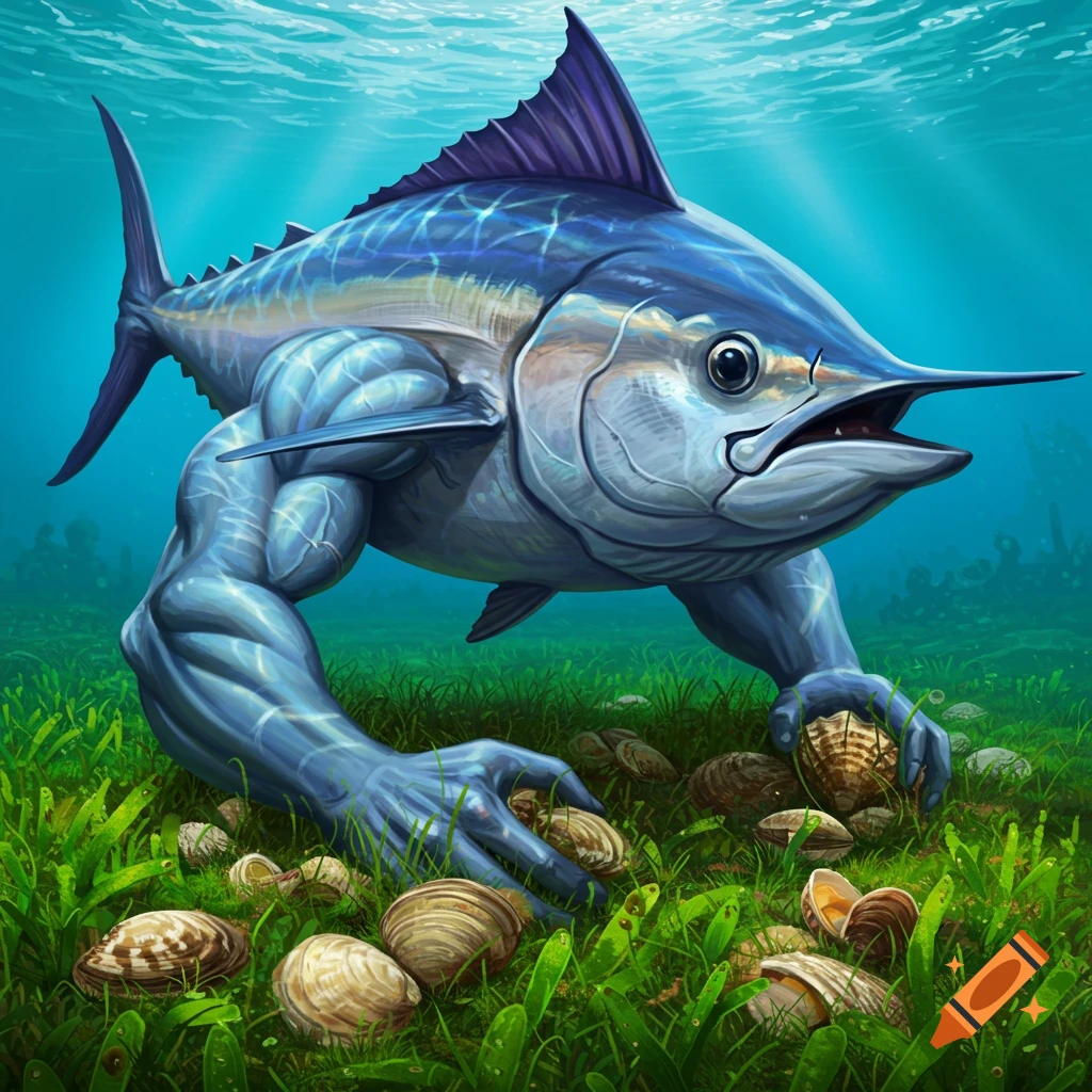 A blue marlin with muscular human arms kneels on the seabed collecting shells among seagrass.