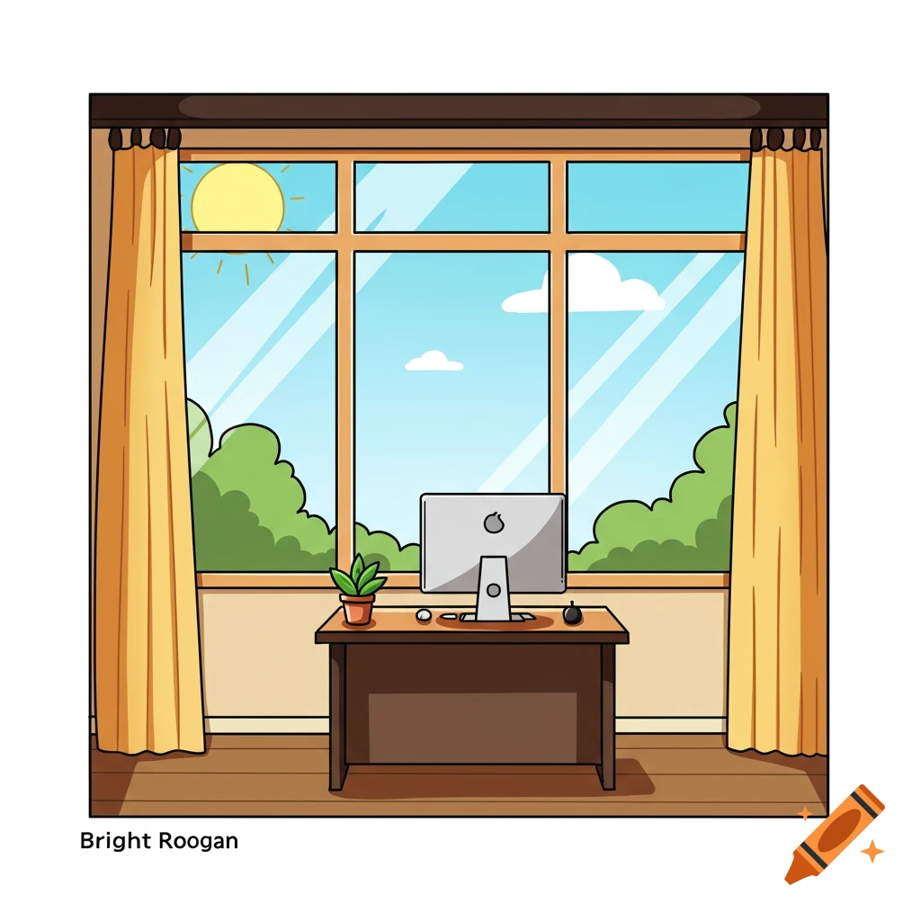 A cartoon illustration of an office room with a desk, computer, plant, and window view of a sunny sky.