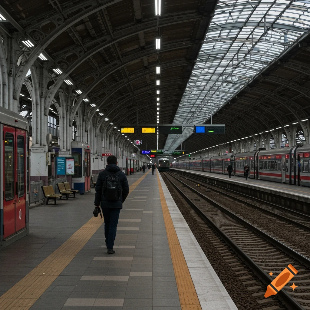 A person walks down a train station platform with trains on either side.