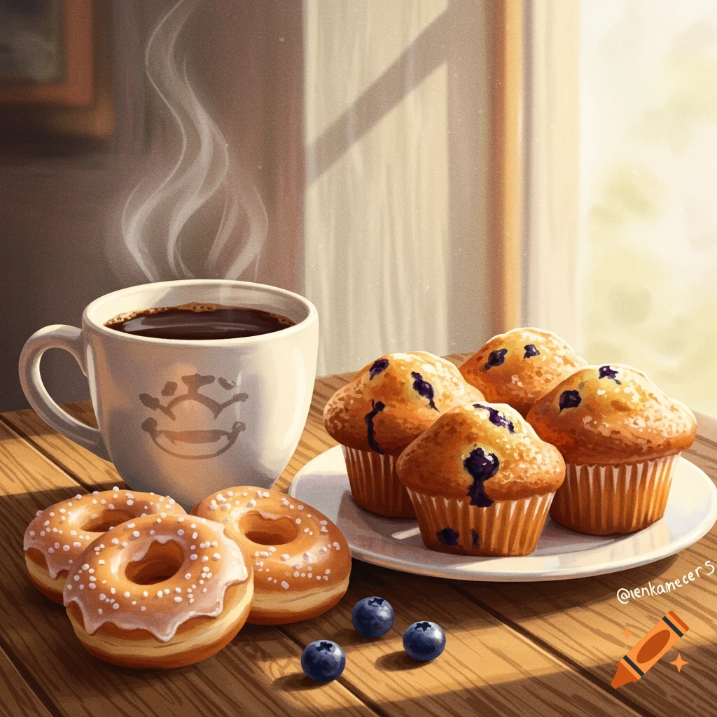 Coffee, muffins, donuts, and blueberries on a sunlit wooden table.