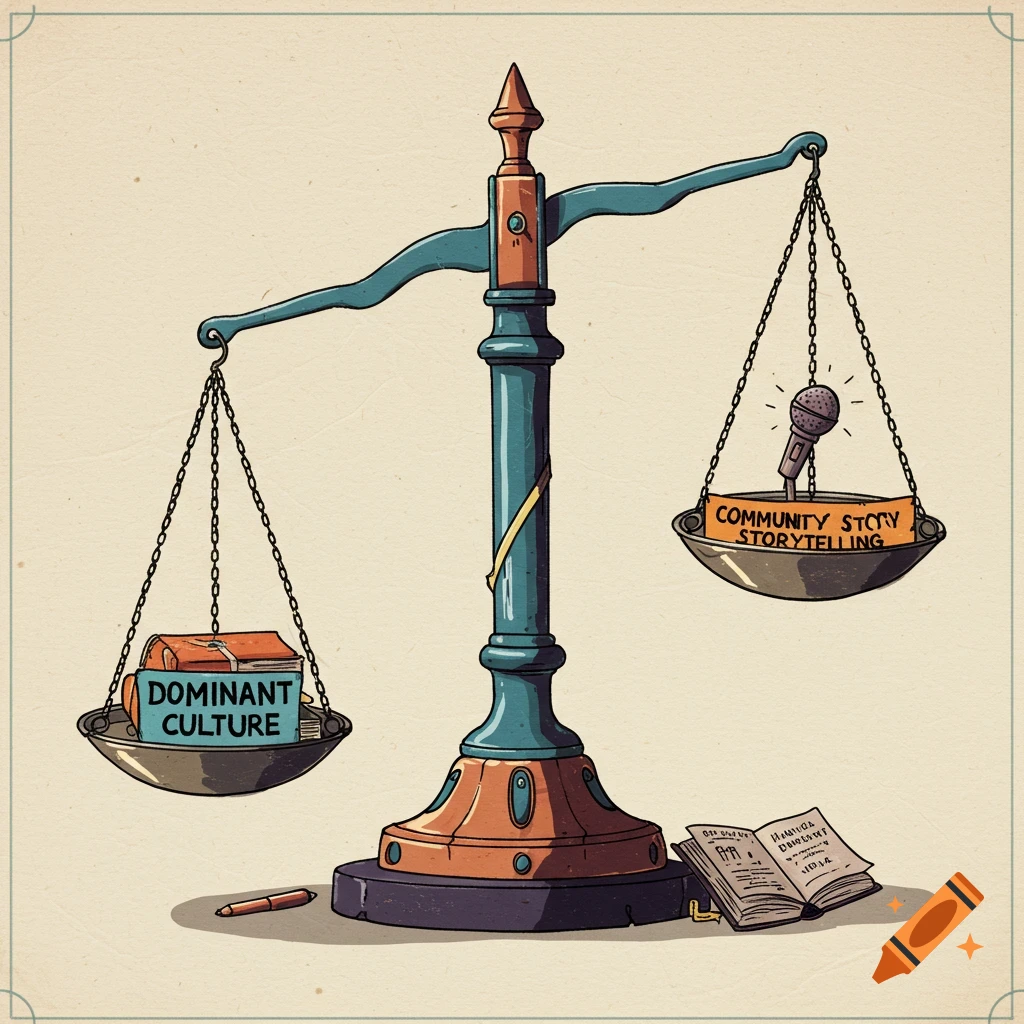 Illustration of scales balancing a book labeled 'Dominant Culture' and a microphone/sign labeled 'Community Storytelling'.
