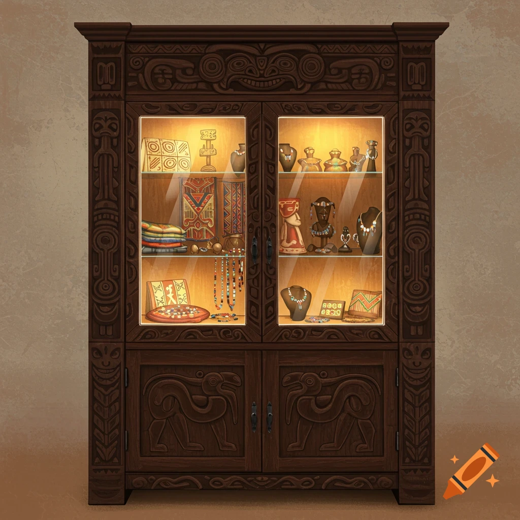 A dark wood display cabinet carved with indigenous art patterns, displaying various items like jewelry, figurines, and textiles.