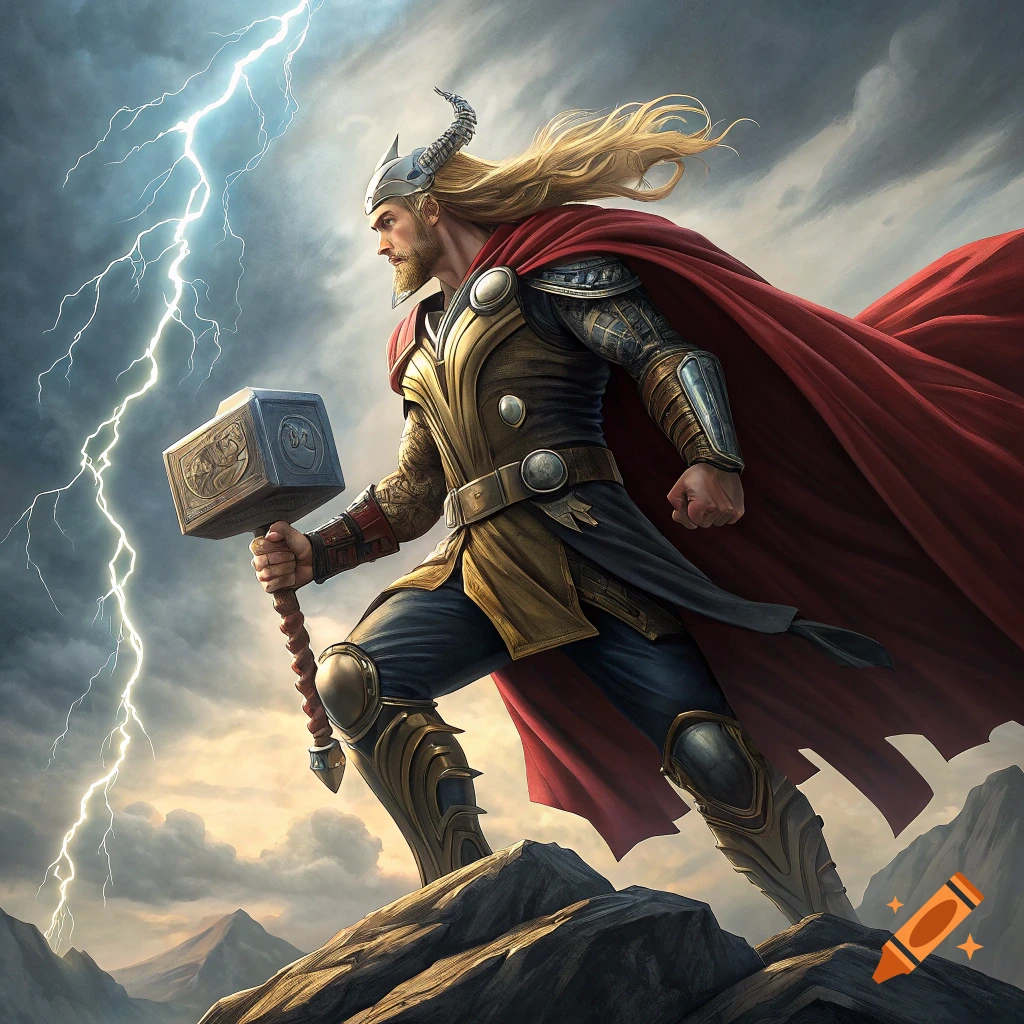 Thor stands on rocks, holding Mjolnir as lightning strikes around him.