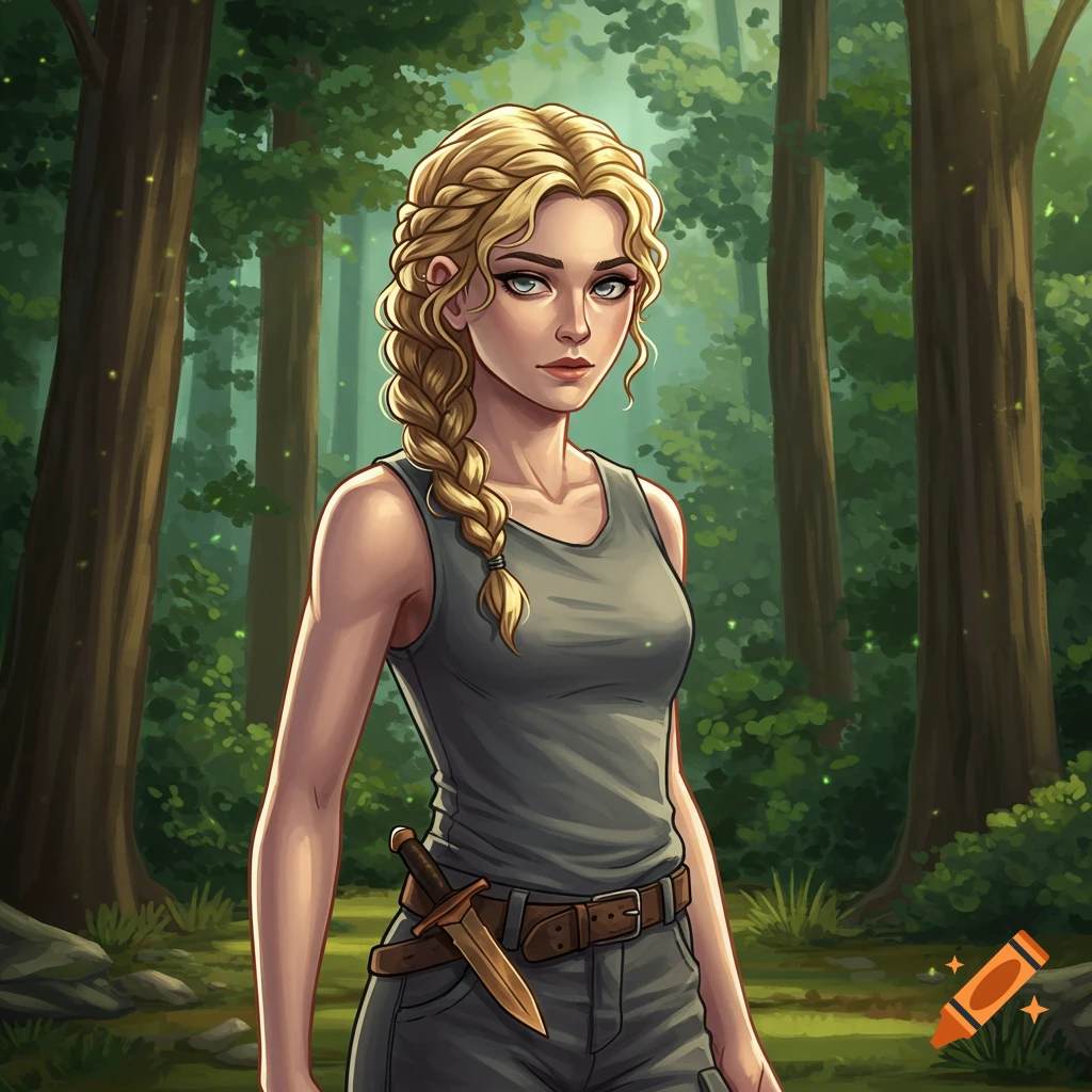 A woman with blonde hair and a braid is in a forest, wearing a tank top and carrying a knife.