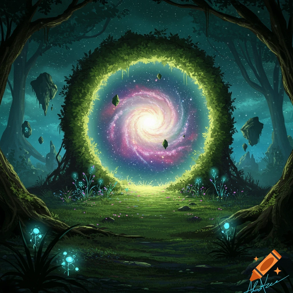 A forest portal reveals a cosmic galaxy.