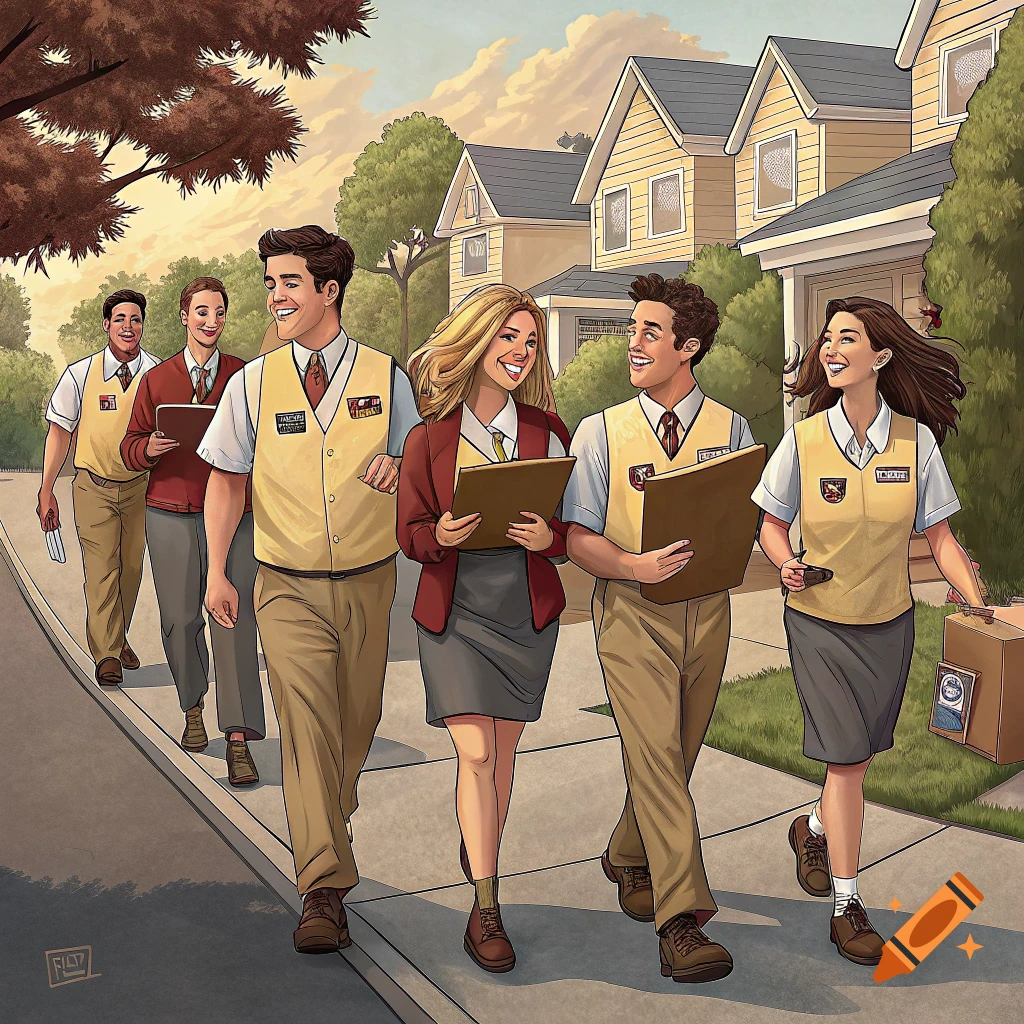 An illustration of a group of young adults in uniforms walking down a suburban street.