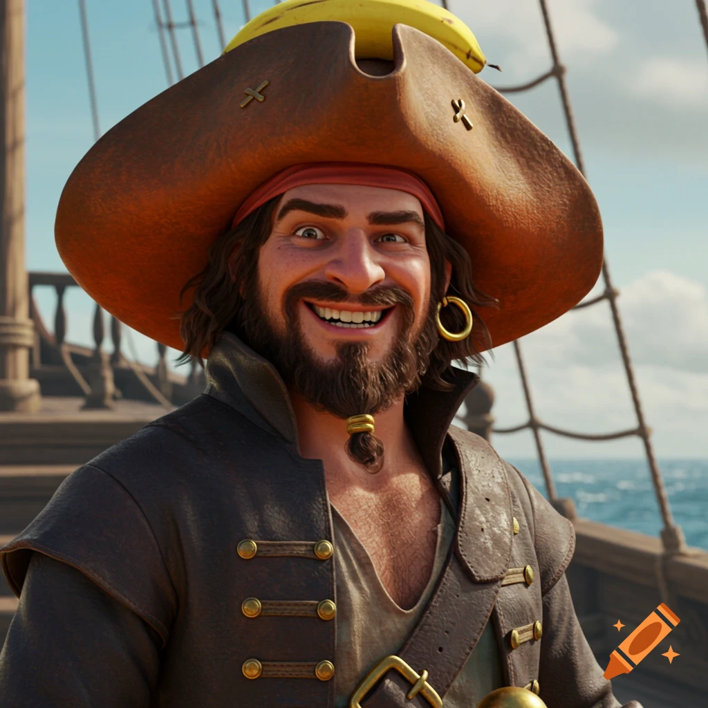 Portrait of a smiling pirate with a banana on his hat aboard a ship.
