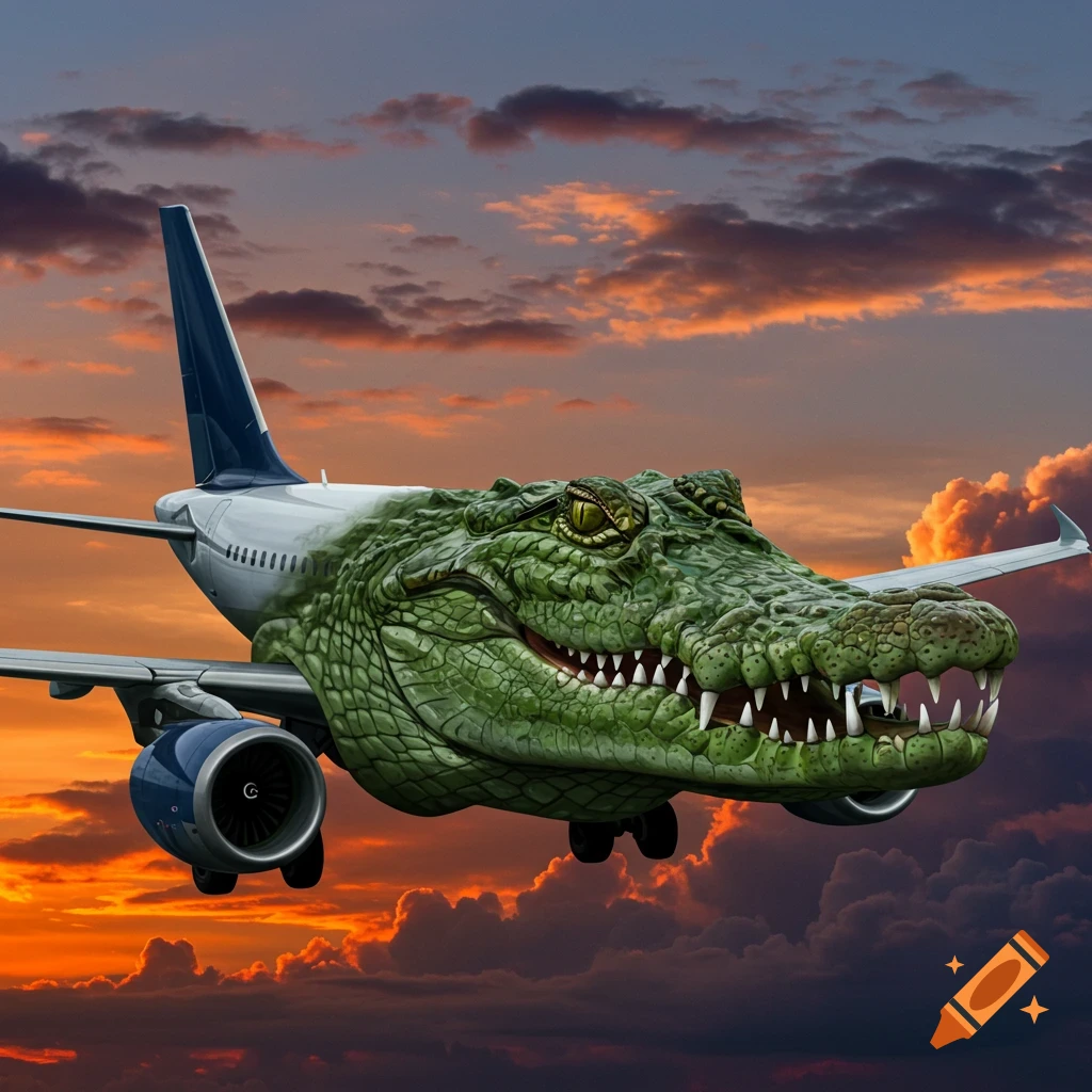 A plane with a large crocodile head and teeth for the nose, flying ...