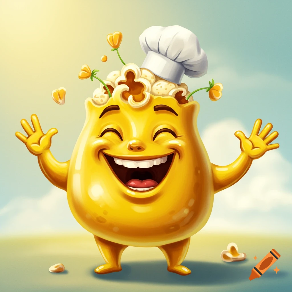 A cheerful popcorn kernel mascot wearing a chef's hat waves.