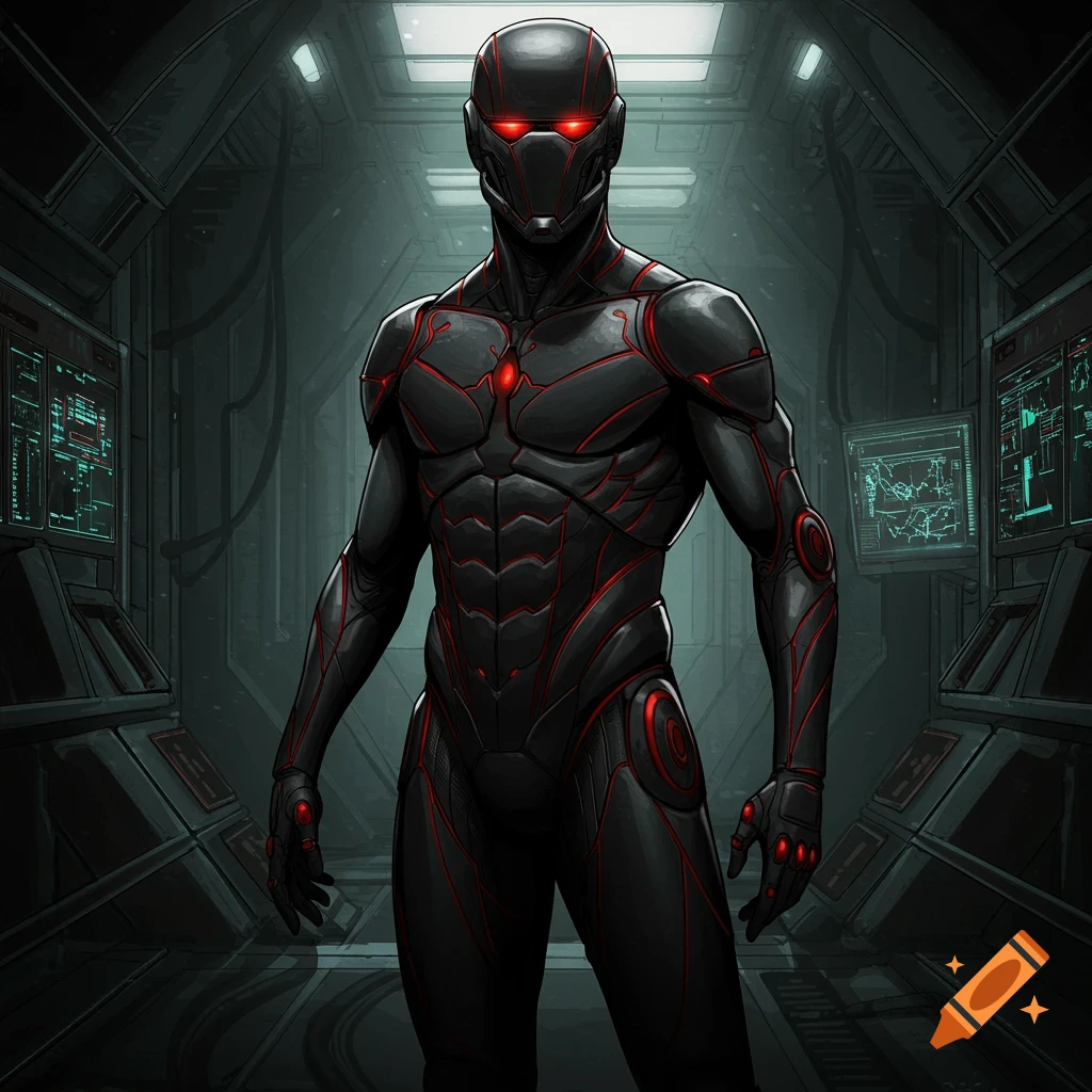 Comic book style image of a black armored figure with red lines and glowing red eyes standing in a dim tech-lab.