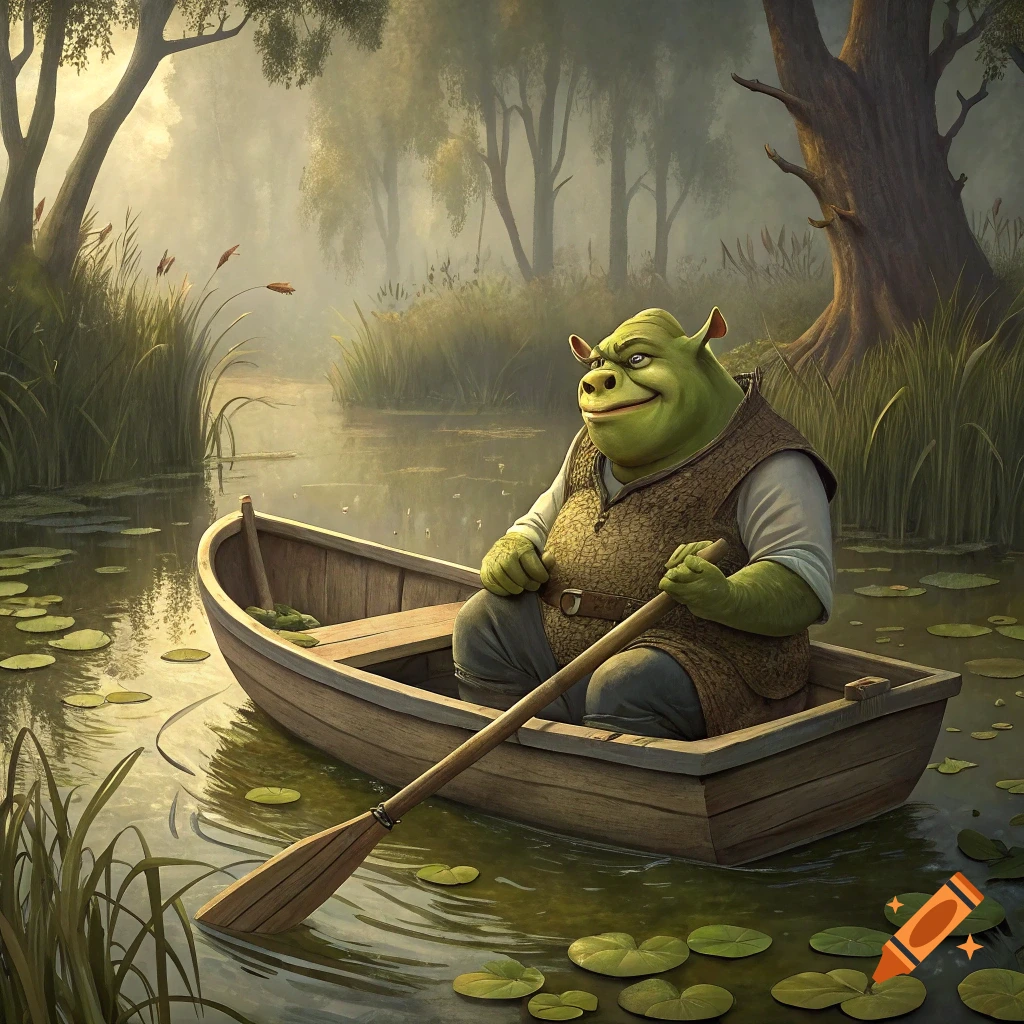 Shrek rowing a boat in a misty swamp