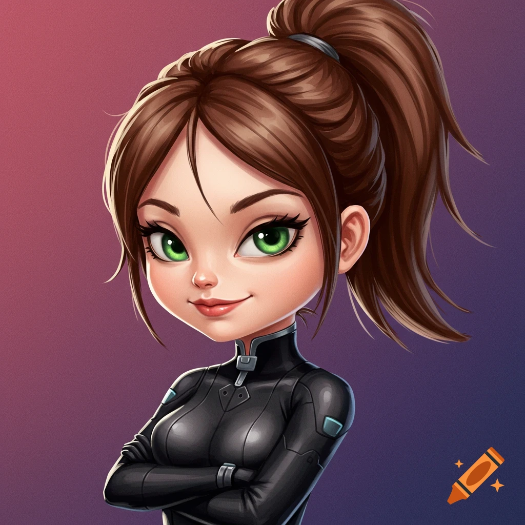 A cartoon portrait of a girl with brown hair, green eyes, and a black sci-fi suit.