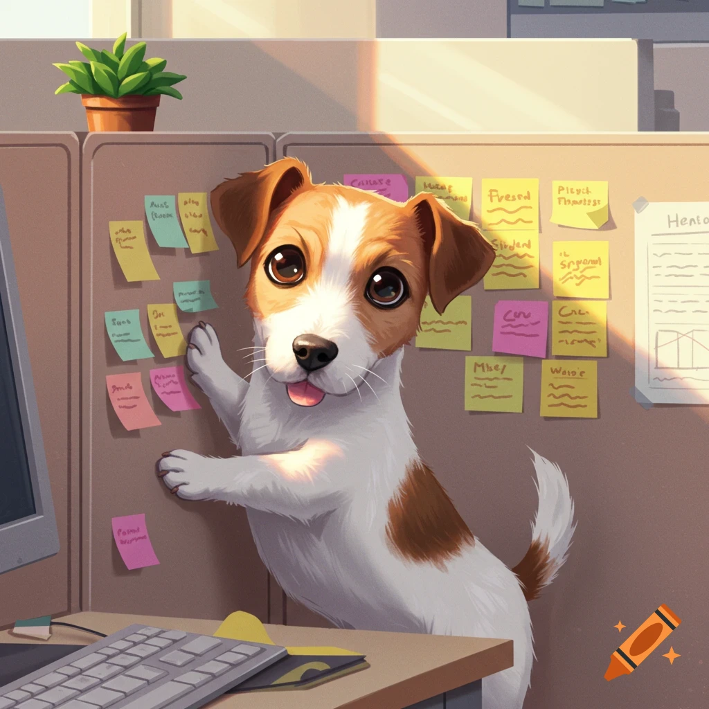 A cute Jack Russell dog leaning on an office cubicle wall covered in sticky notes.