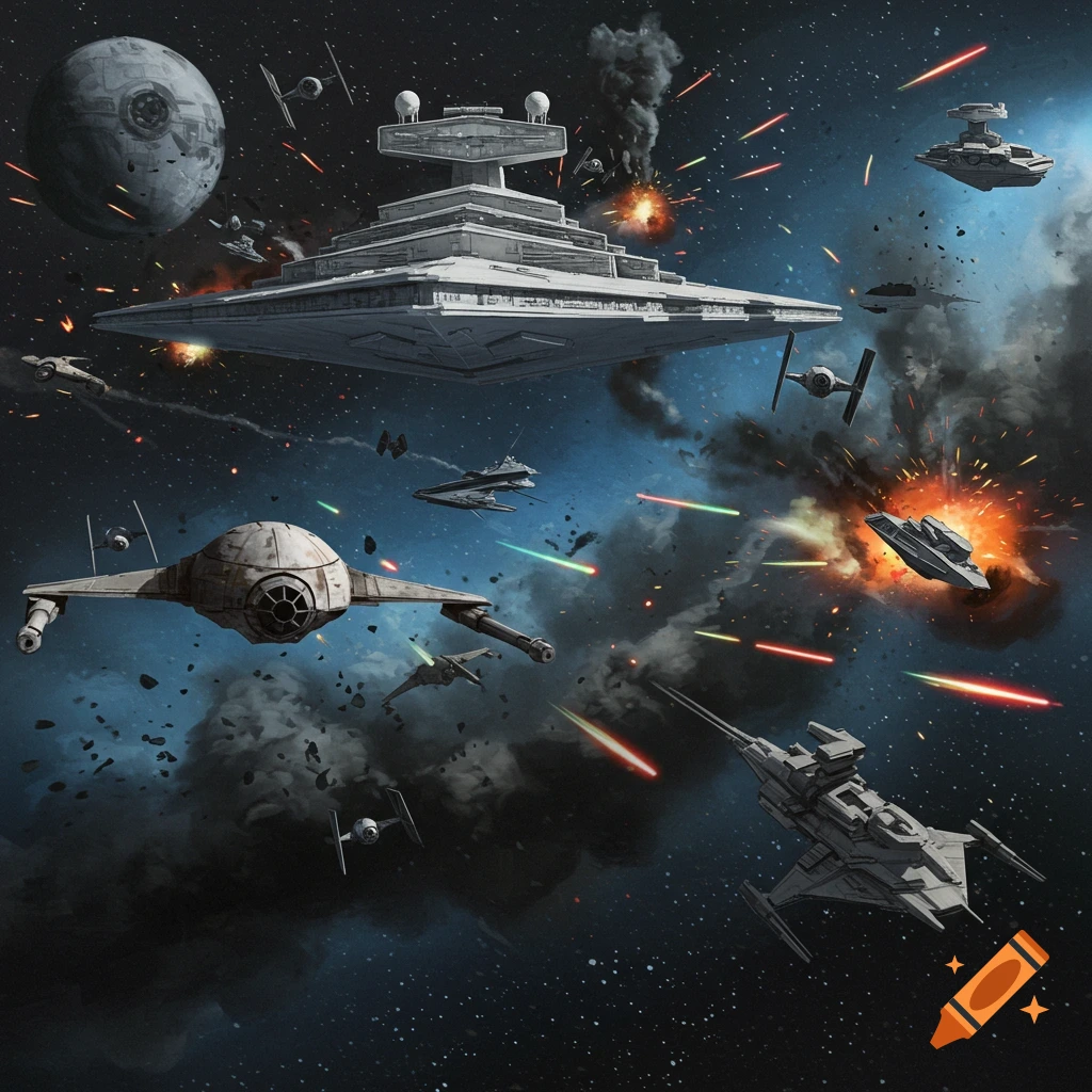 A Star Wars space battle featuring an Imperial Star Destroyer and various starfighters amidst explosions and laser fire.
