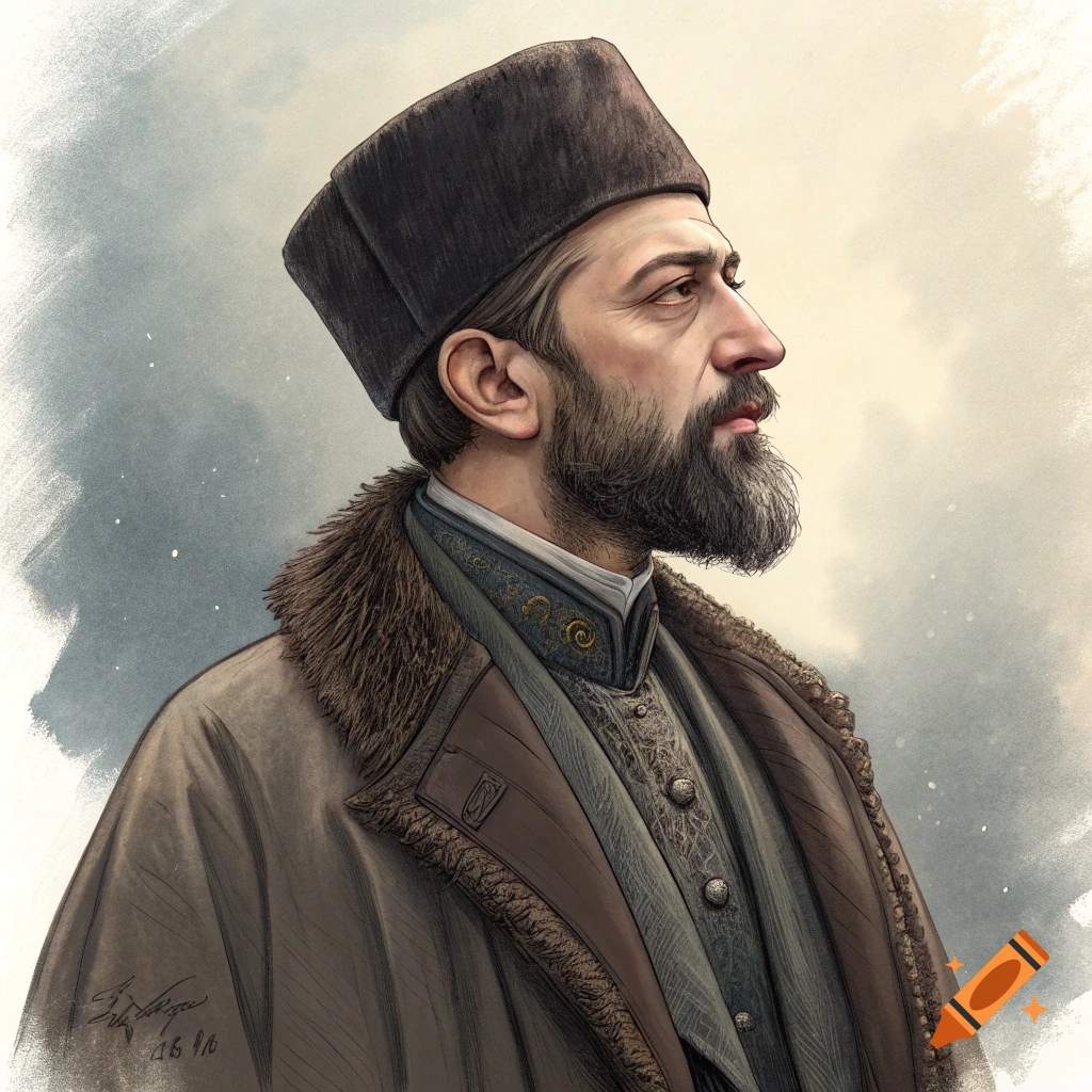Portrait of a bearded man in traditional clothing and hat, watercolor style