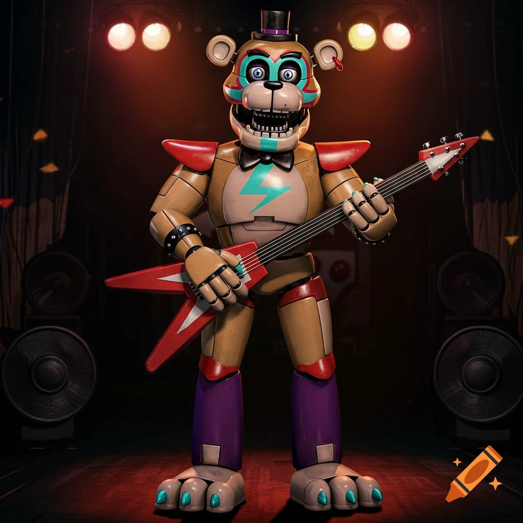 An animatronic bear character with a top hat and guitar stands on a stage.