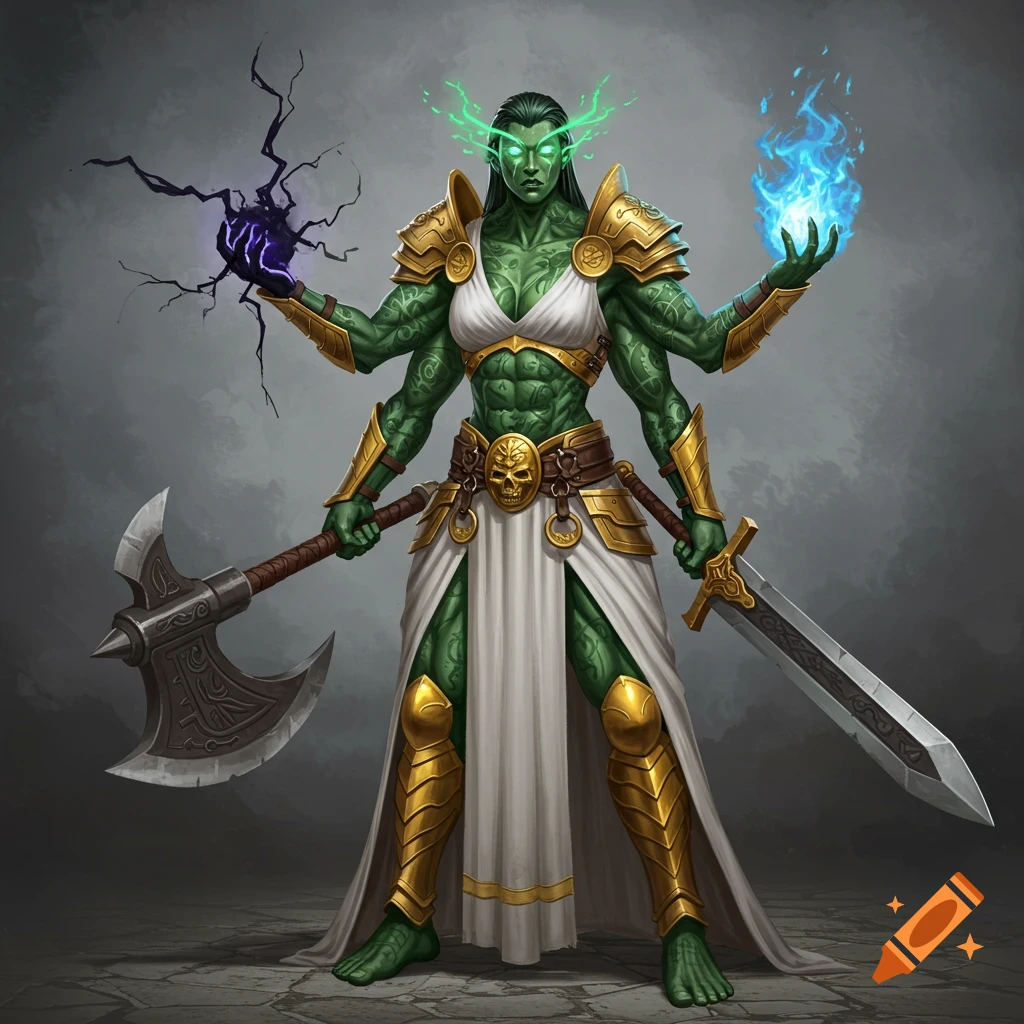 A four-armed green-skinned female fantasy warrior with glowing eyes, holding lightning and fire, an axe, and a sword.