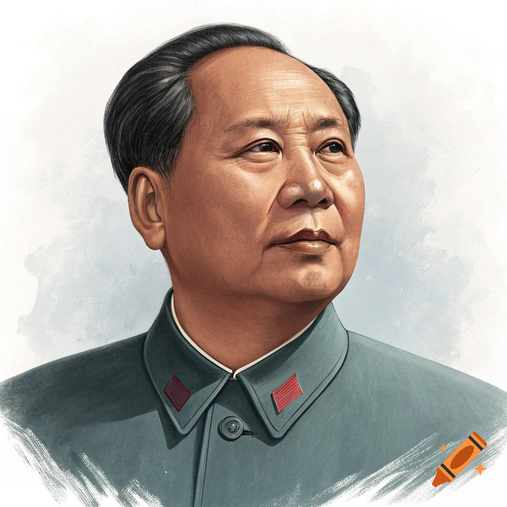 Illustration of Mao Zedong wearing a jacket with red epaulets.