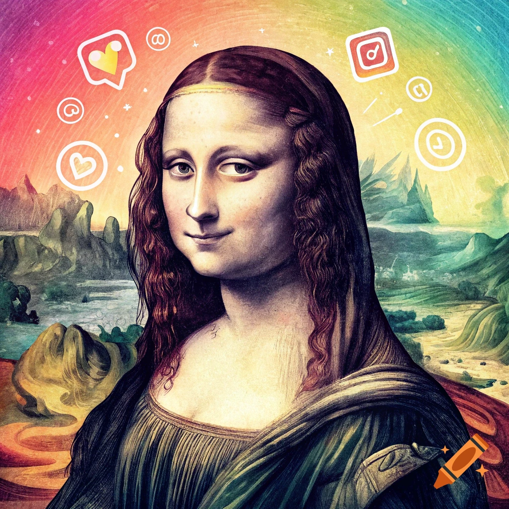 Mona Lisa with social media icons like hearts and likes floating around her, in the style of the painting.