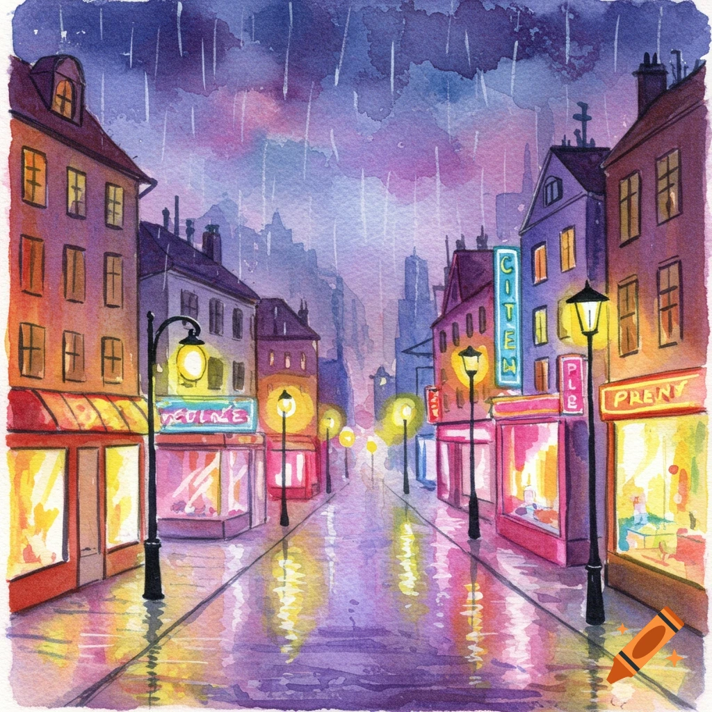 Watercolor painting of a rainy city street at night with glowing shop windows and streetlights.