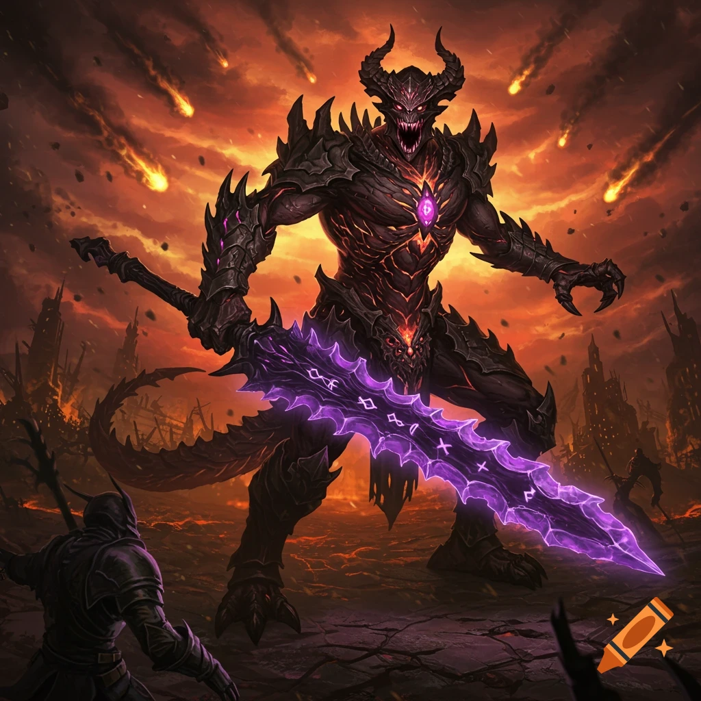 Large demon with glowing runic sword faces knight in a ruined city under meteor shower.