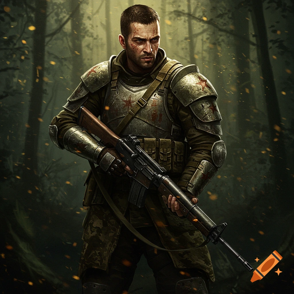 A man in damaged military armor holding a rifle in a forest.