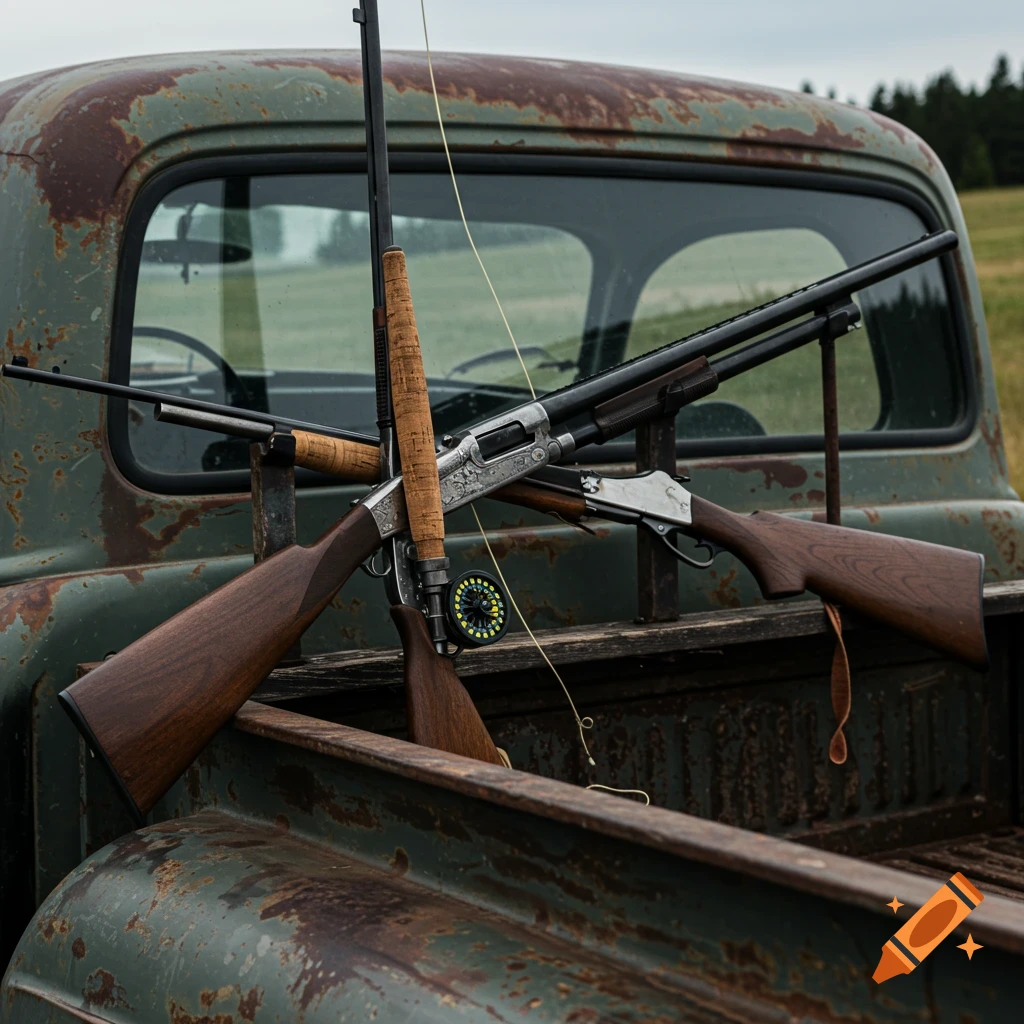Firearms and a fishing rod rest in the back of a rusty vintage pickup truck under a cloudy sky.