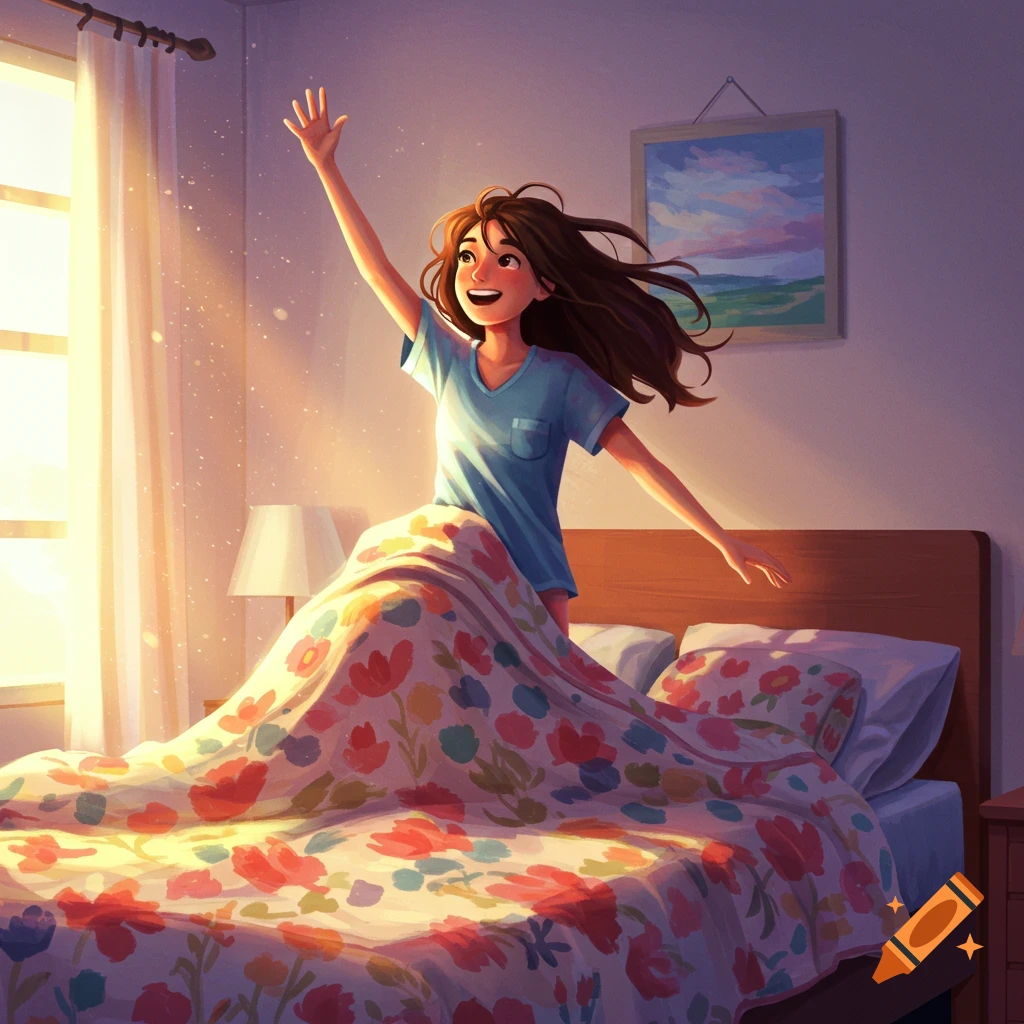 A young woman wakes up and stretches in a sunny bedroom