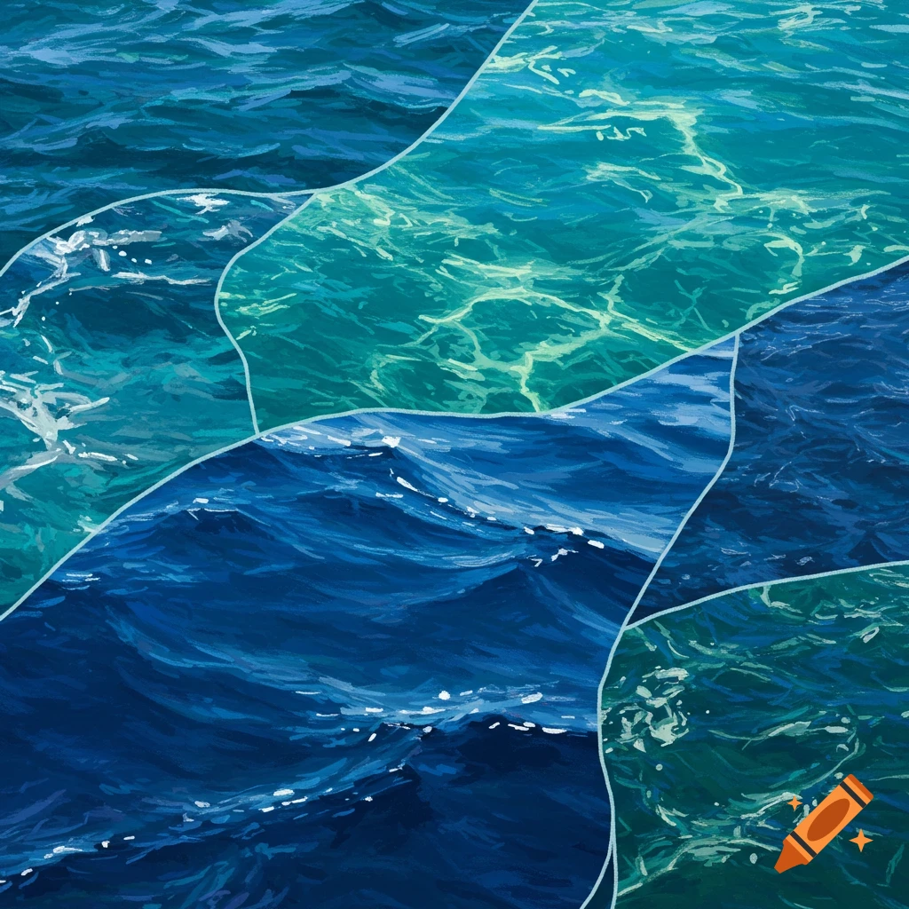 Wavy sections of water in varying shades of blue and green