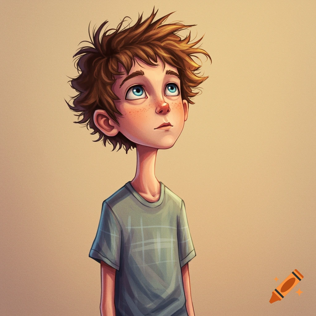 A cartoon boy with messy brown hair and blue eyes is looking up.