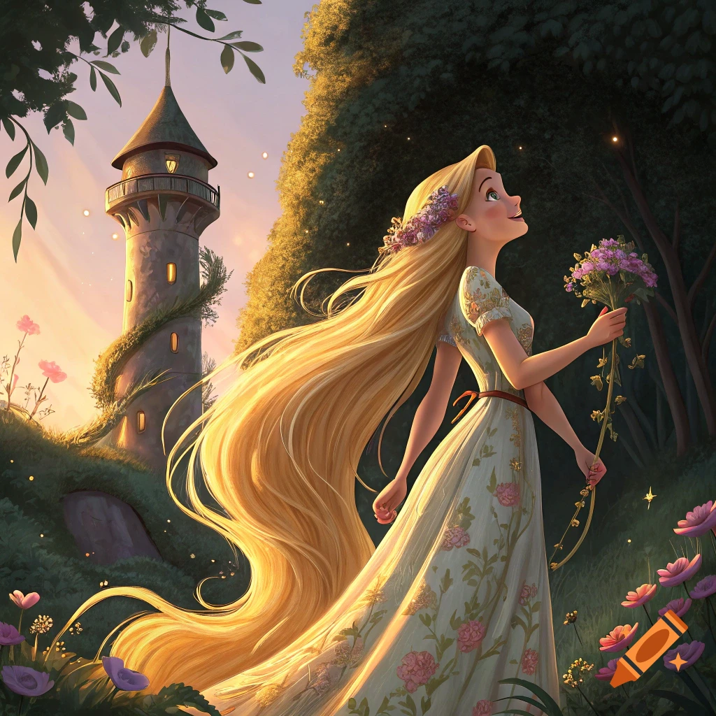 Rapunzel with long golden hair stands in a forest near a tall tower, holding a bouquet of flowers and looking up at the sky.