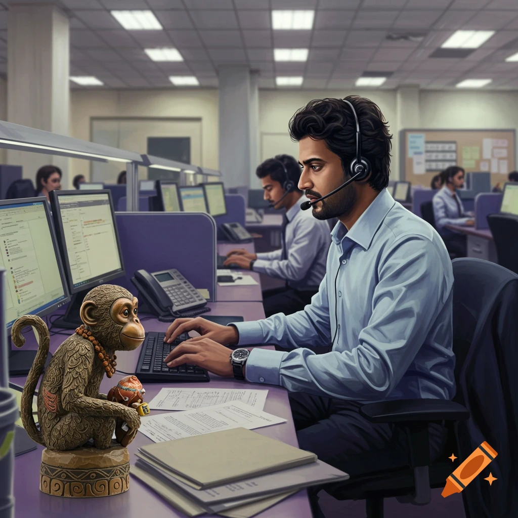 A man works at a computer in an office with a monkey statue on his desk.