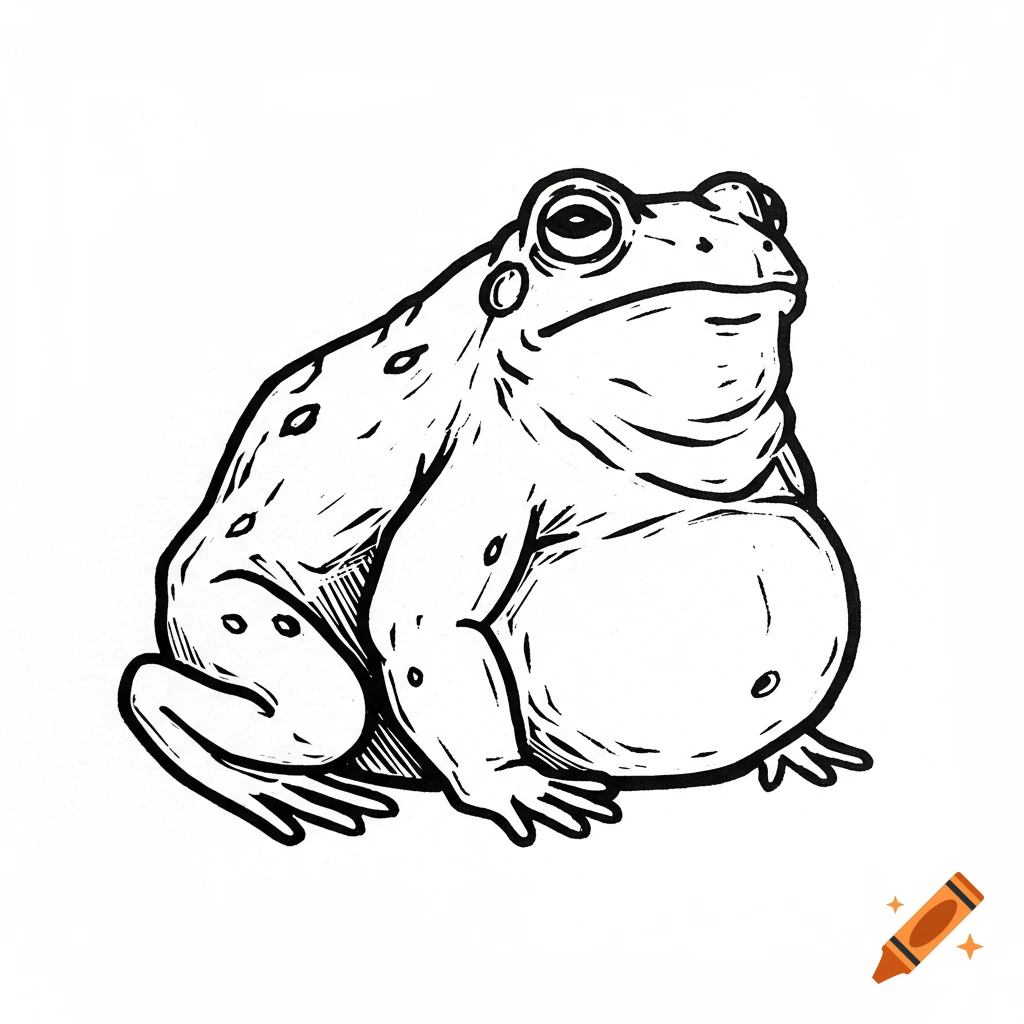 Black and white linocut drawing of a fat frog.