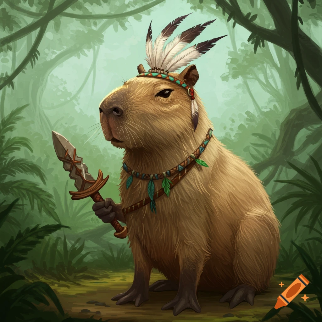 A capybara warrior holding a sword in a jungle.