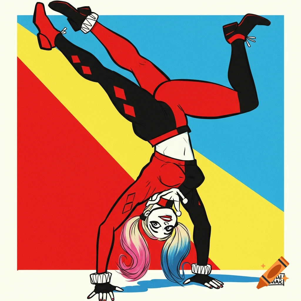 Digital art of Harley Quinn doing a handstand in her classic red and black costume.