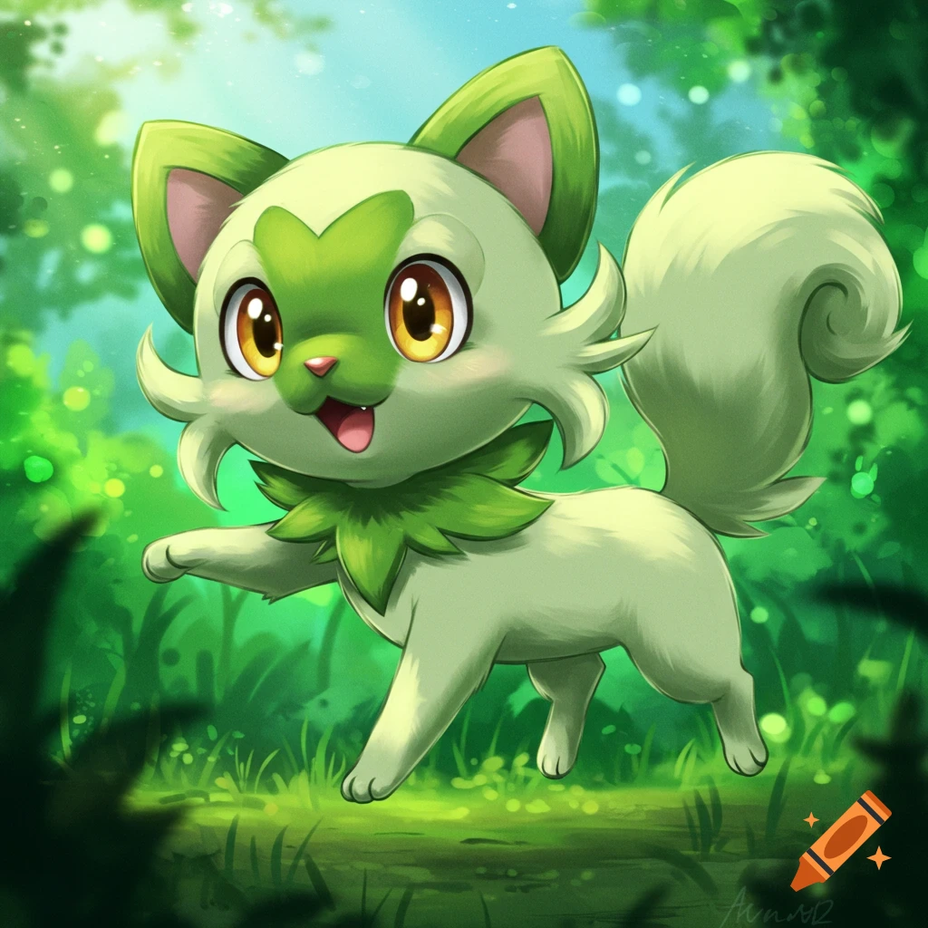 Sprigatito, a green cat Pokemon, standing in a forest.
