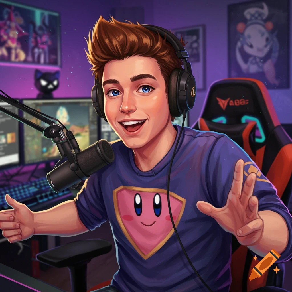 A young person with headphones and a microphone, streaming or gaming in a room.