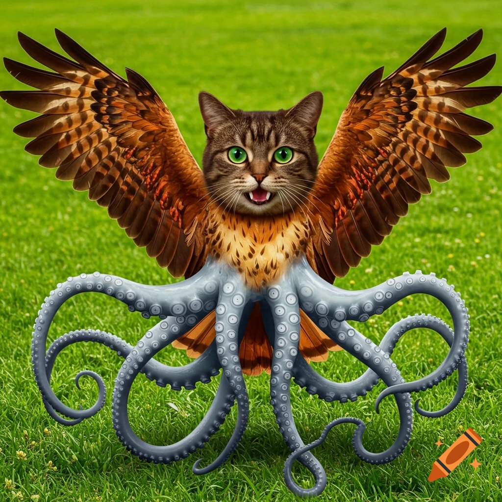 A fantasy creature hybrid of a cat, hawk, and octopus standing on grass.